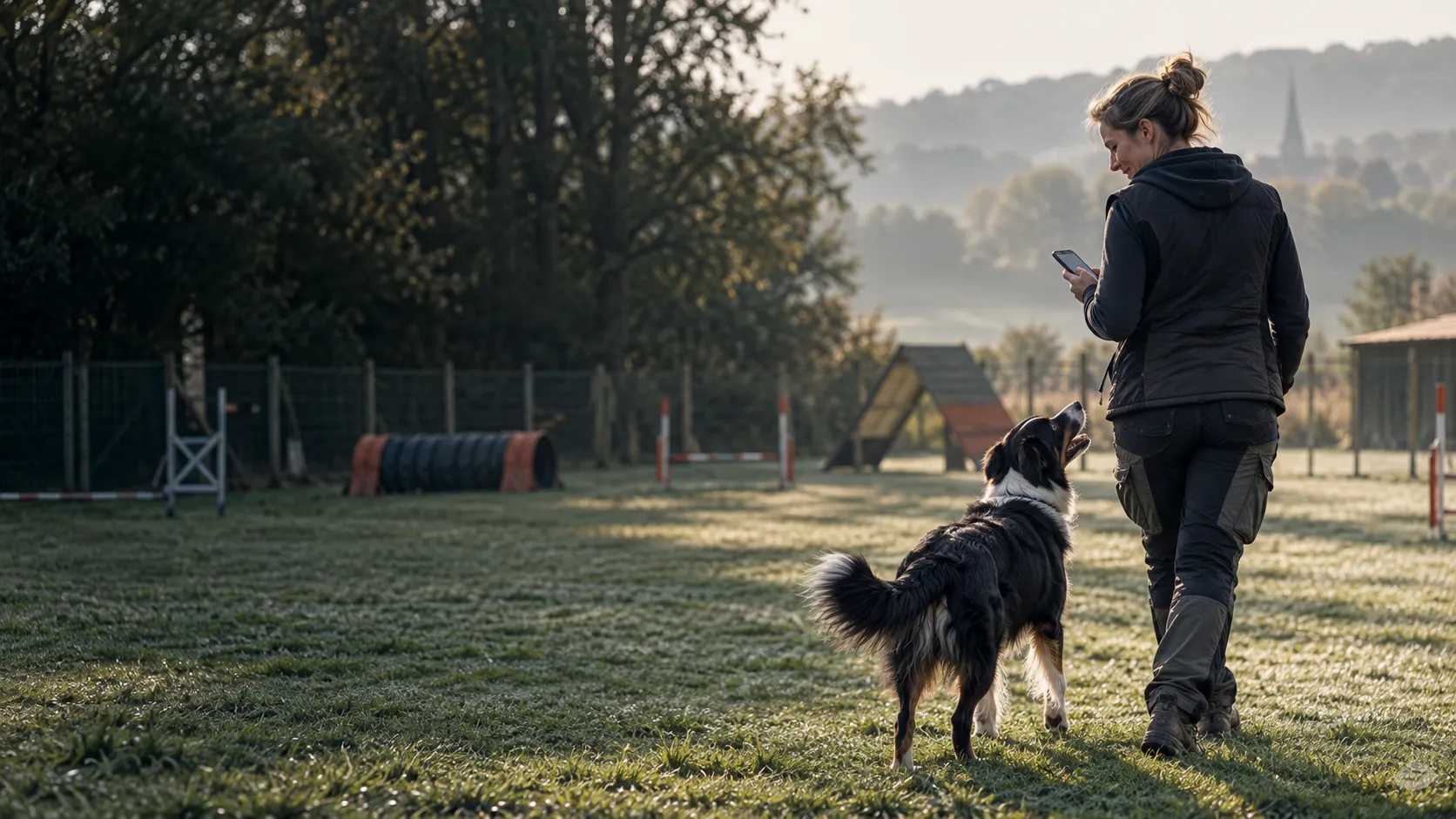 Une éducatrice et son chien sur le terrain d'un club canin